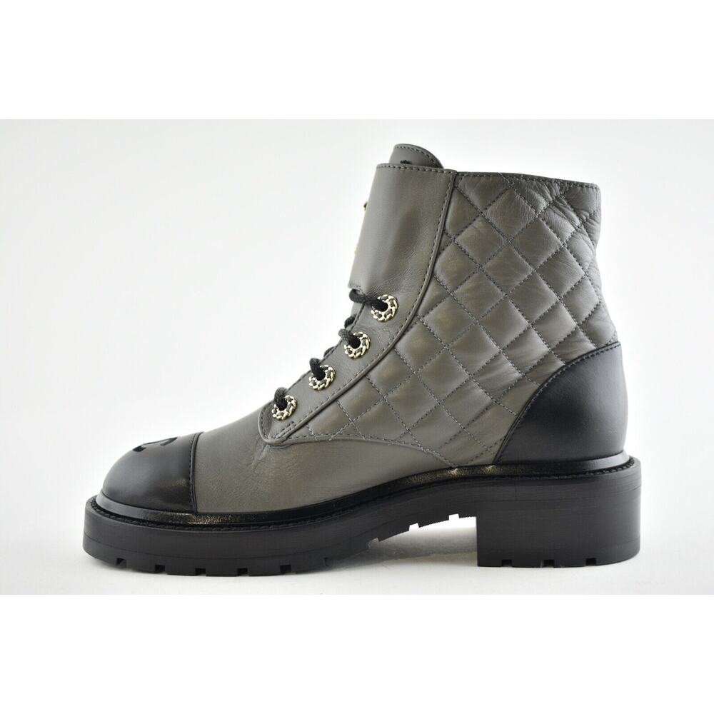 Chanel 21A Grey Black Quilted CC Chain Combat Lace Up Tie Ankle Short Boots 37 - Picture 8 of 11